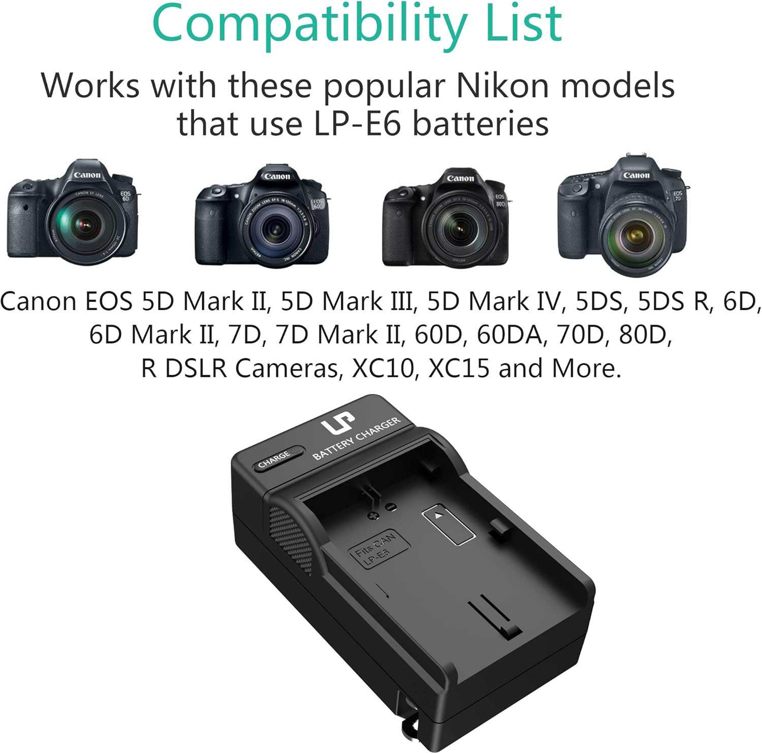 LP-E6 LP E6N Battery Charger, LP Charger Compatible with Canon EOS 90D, 80D, 70D, 60D, 60DA, 7D Mark II, 7D, 6D Mark II, 6D, 5D Mark IV, 5D Mark III, 5D Mark II, 5DS, 5DS R, R5, R6 DSLR Cameras & More: Camera & Photo