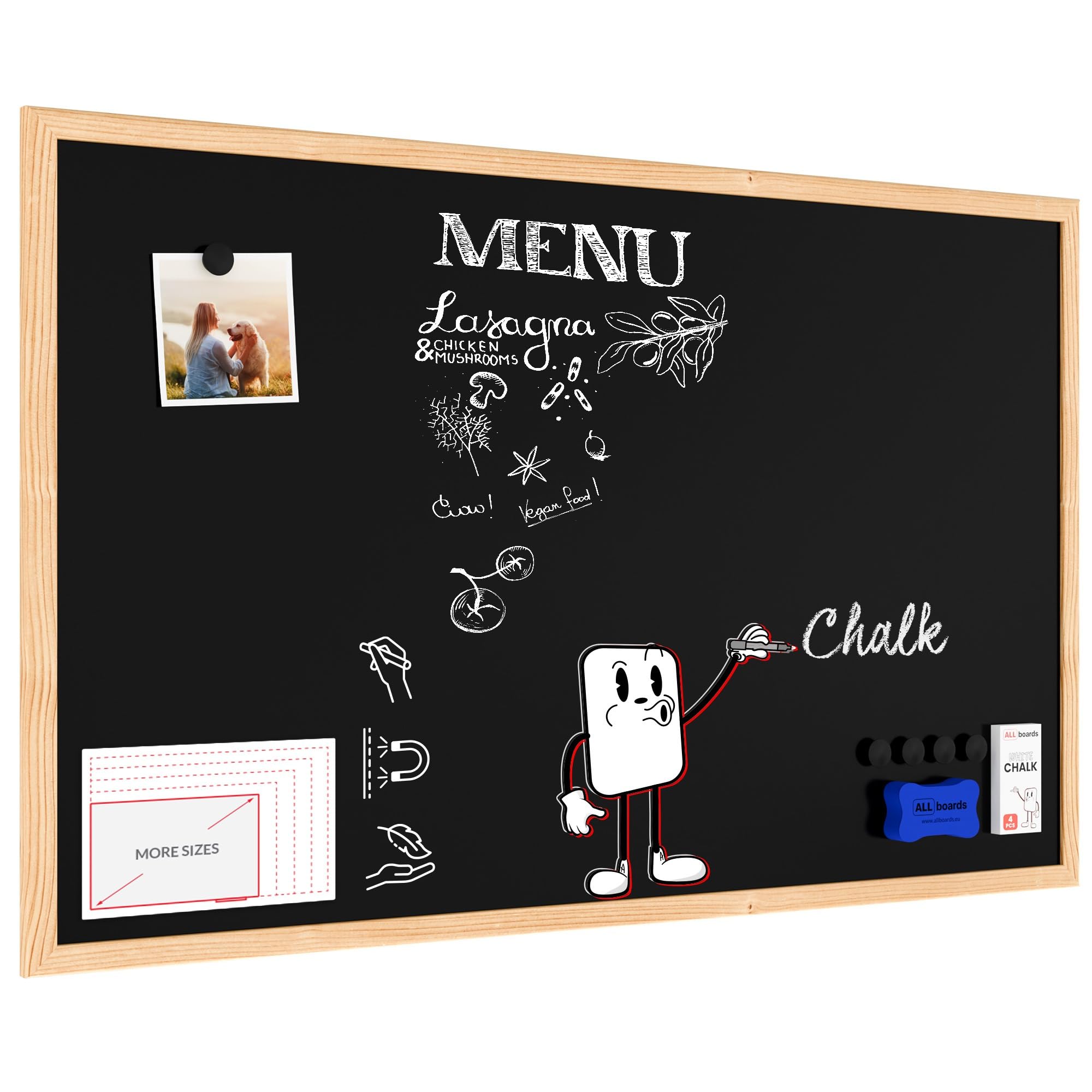 ALLboards Magnetic Chalkboard with Wooden Frame 80x50cm, Magnetic Chalkboard Chalk