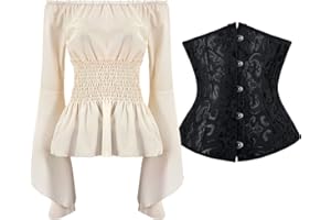 BOOSON Womens Renaissance Blouse Pirate Shirt Underbust Corset Medieval Tops with Bustier for Halloween Pirate Costumes
