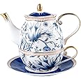 ACMLIFE Tea for One Teapot and Cup Set, Vintage Floral Porcelain Tea Set for One, Bone China Teapot Set, Tea Pot Set Gift for Women (Blue)