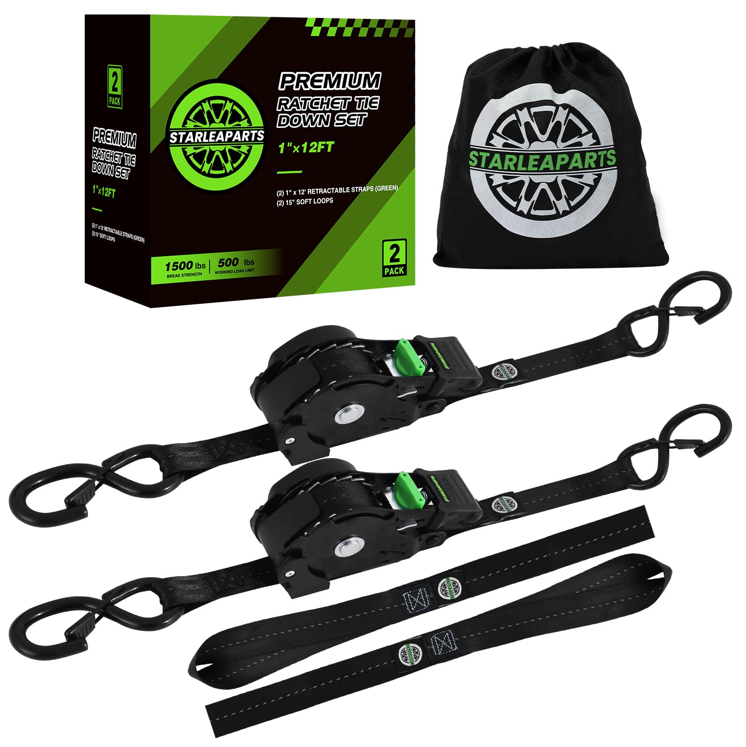 STARLEAPARTS Retractable Ratchet Straps(2PK) - 1,500lb Break Strength, Ratchet Straps Heavy Duty with Soft Loop Tie Downs, Perfect Auto Ratchet Strap for Motorcycle, Kayak and Trucks (Black) Image