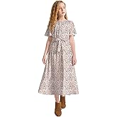 LaBeca Girls Casual Butterfly Sleeve Elastic Crew Neck Floral Printed Solid Color High Waist Midi Belted Dress with Pocket