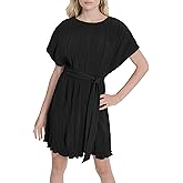 DKNY Women's Short Sleeve Jewel Neck Above The Knee Pleated Dress with Removable Belt