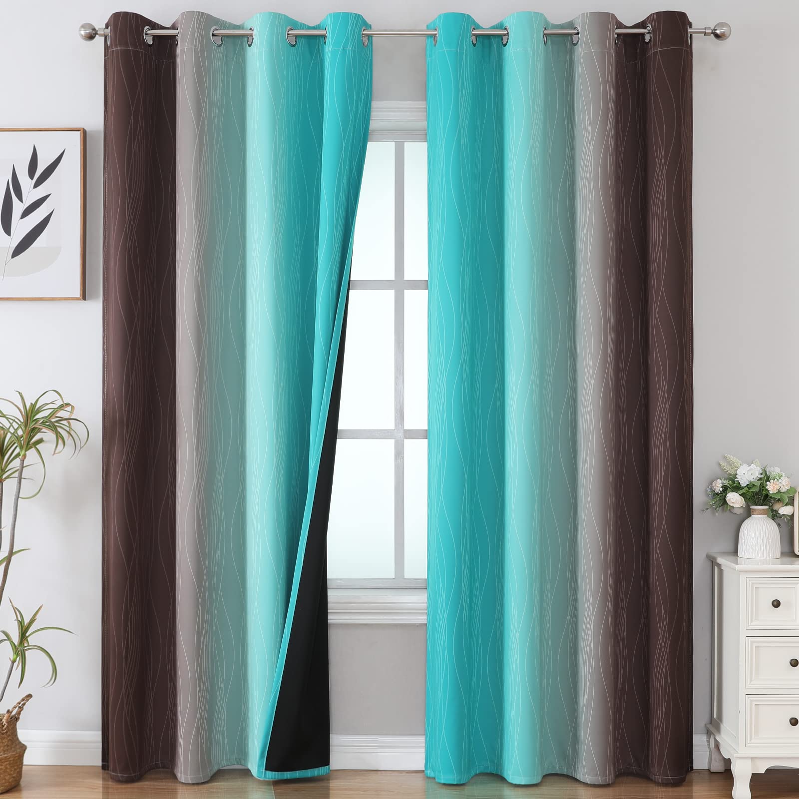 Estelar Textiler Ombre Blackout Curtains 102 Inches Long 2 Panels Set, Brown and Teal Thermal Insulated Drapes for Bedroom, Full Room Darkening Grommet Curtains for Living Room, 52Wx102L Image