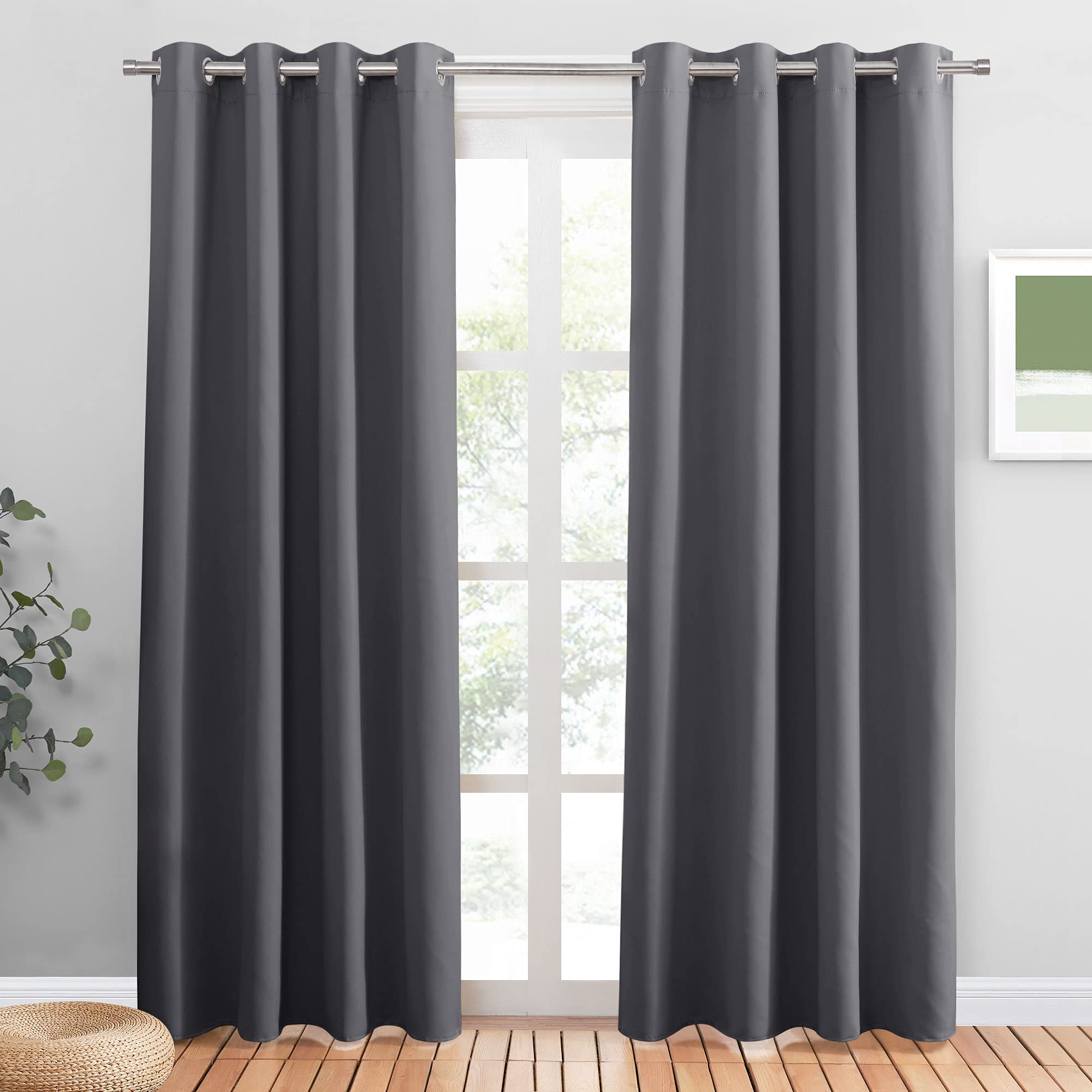 PONY DANCE Long Blackout Grey Curtain with Eyelet - Gray Thermal Insulated Room Darkening Privacy Curtains & Drapes for Living Room Large Panels for Door, Set of 2, 55 Inch Wide by 87 Inch Drop, Grey