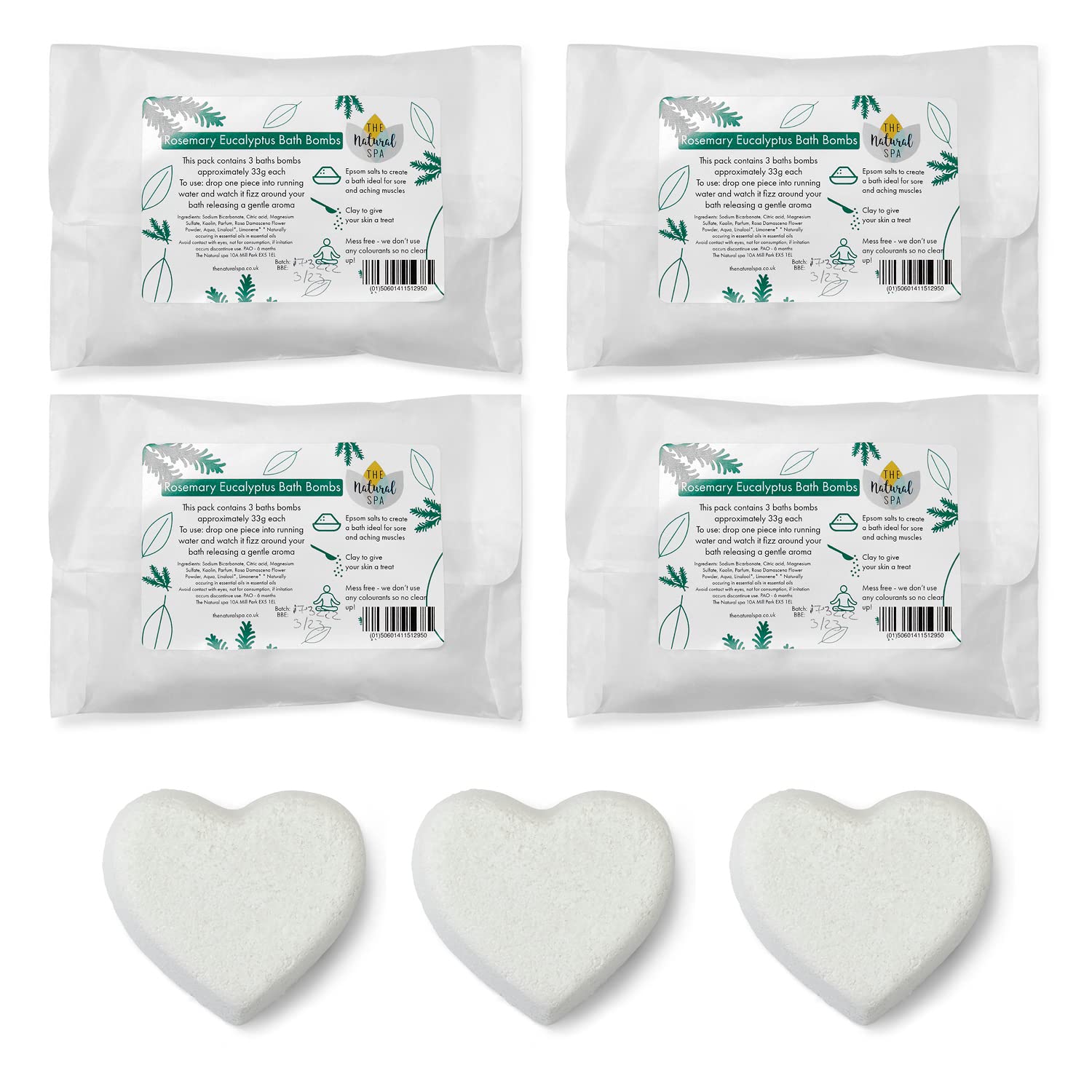 The Natural Spa Bath Bombs 4 x Pack of 3 Rosemary Eucalyptus | Natural | No Synthetic Fragrances | No Colourant | SLS Free | Paraben-Free | Phthalates-Free | Talc-Free