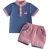 Madjtlqy Toddler Baby Boy Summer Outfit Short Sleeve Embroidered Printed Button Polo T-shirt Shorts Set 2Pcs Infant Clothes