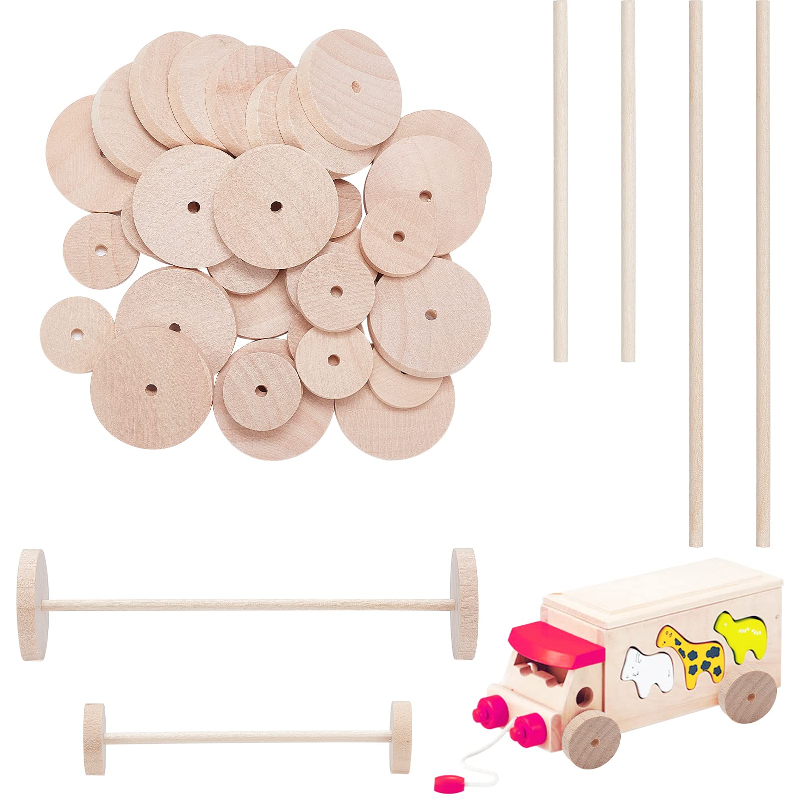 OLYCRAFT 72pcs Unfinshed Wood Wheels with 36Pcs Wooden Sticks 2.5cm & 3.8cm Wooden Craft Wheels Blank Wooden Wheels Flat Small Wood Wheels for DIY Crafts Painting