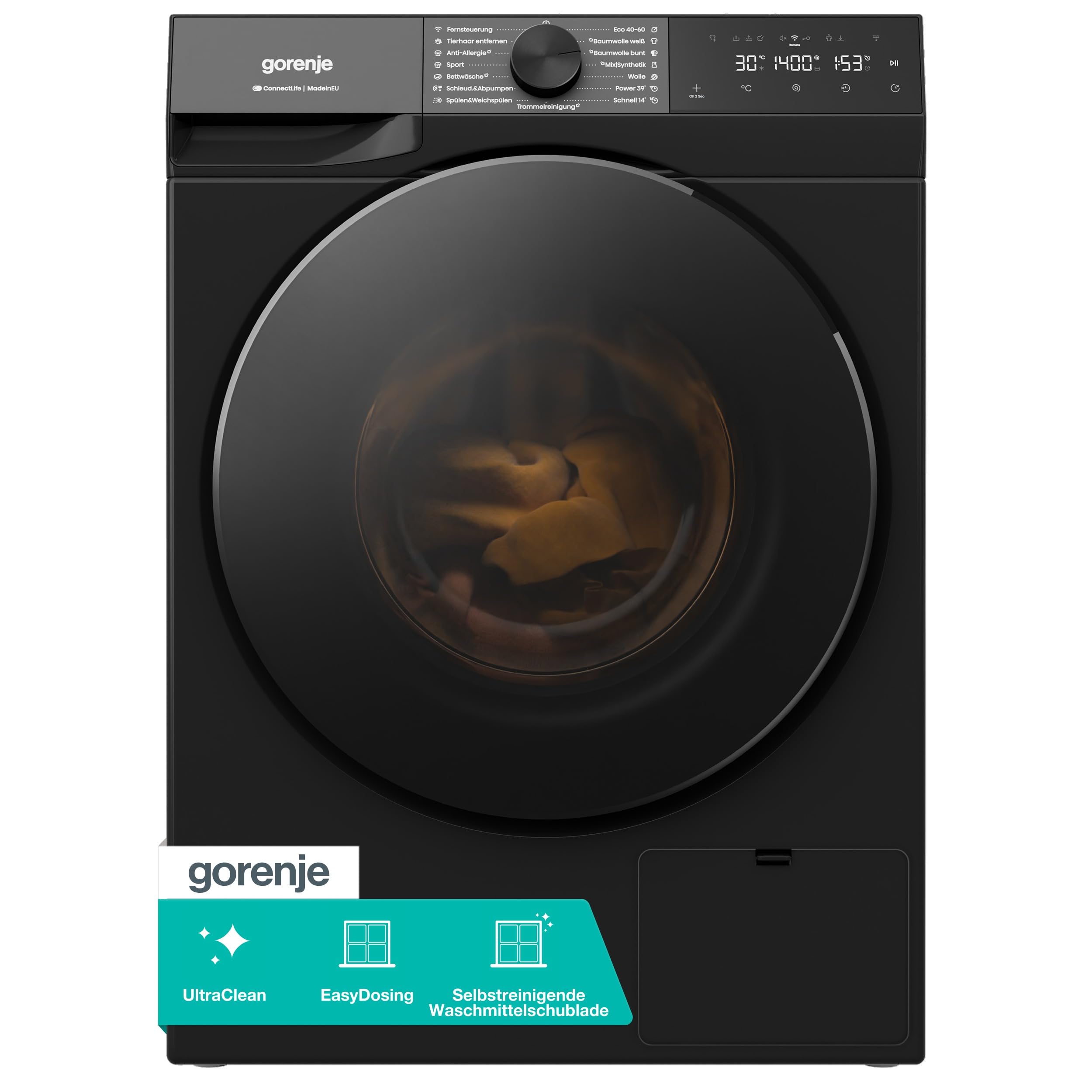 Gorenje W53G484A3P1B Waschmaschine mit Dampffunktion /8 KG /1400 U-Min/ConnectLife /15 Programme/UltraClean/AquaStop/SteamTech/30% besser als Energieeffizienzklasse A/Schwarz