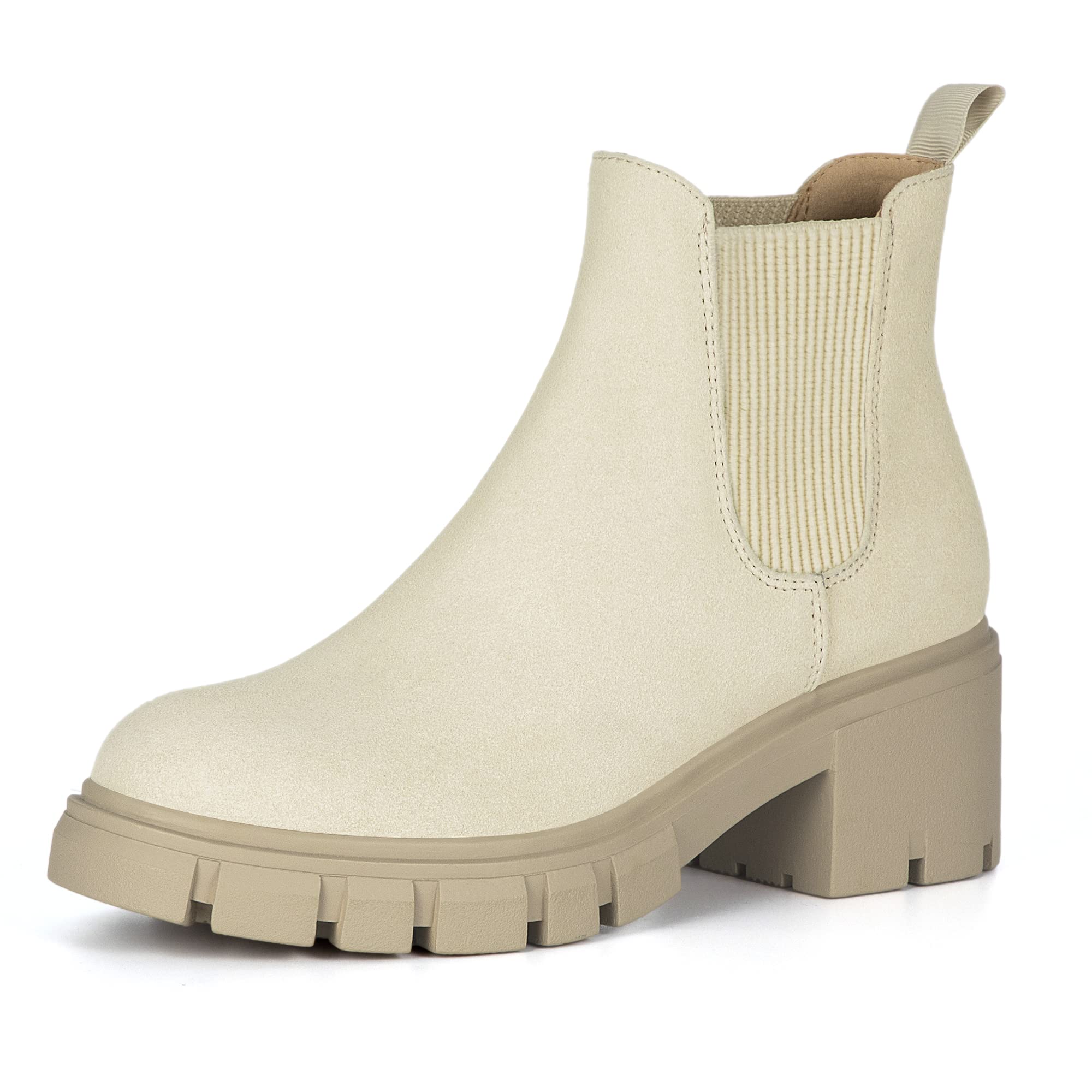 Photo 1 of Athlefit Women's Chelsea Boots Fashion Lug Sole Chunky Heel Slip on Elastic Ankle Beige Booties Size 9