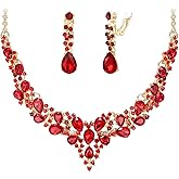 BriLove Jewelry Clip-on Earrings Sparkling Austrian Crystal Teardrop Cluster Statement Necklace Set for Party Prom Accessories