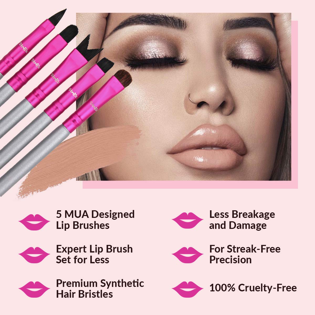 Lip Brush Set For Lipstick - Contour Your Lips For Fuller Looking Lips Designed By Makeup Artist For Streak-Free Application Premium Synthetic Hair (AAA) 5pcs Brushes at a Value Price Cruelty-Free Vertex Beauty: Beauty