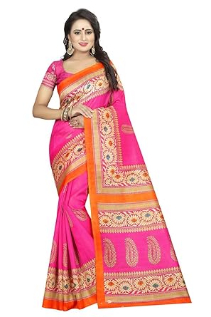 Pramukh Store Bhagalpuri Saree With Blouse Piece (Pink_Free Size)