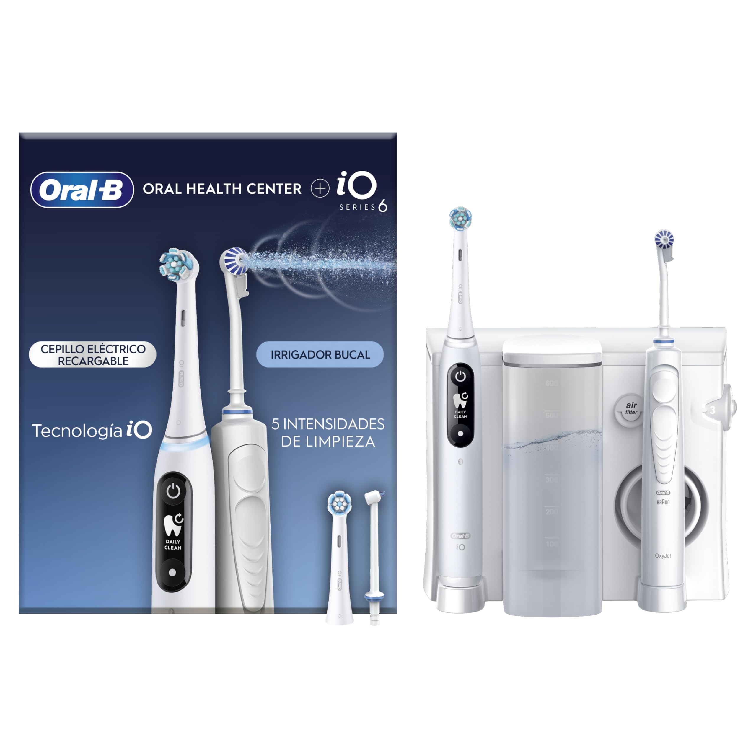 Oral-B Centro De Salud Bucal Irrigador: Irrigador Dental de Agua, Cabezal Oxyjet, Cabezal Water Jet + Cepillo de Dientes Eléctrico iO6 con Cabezal de Recambio, Regalos Originales para Mujer y Hombre