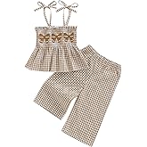 VISGOGO Toddler Baby Football Girl Outfit Bow Smocked Spaghetti Strap Plaid Tops Pants Embroidery Football Baby Girl Clothes