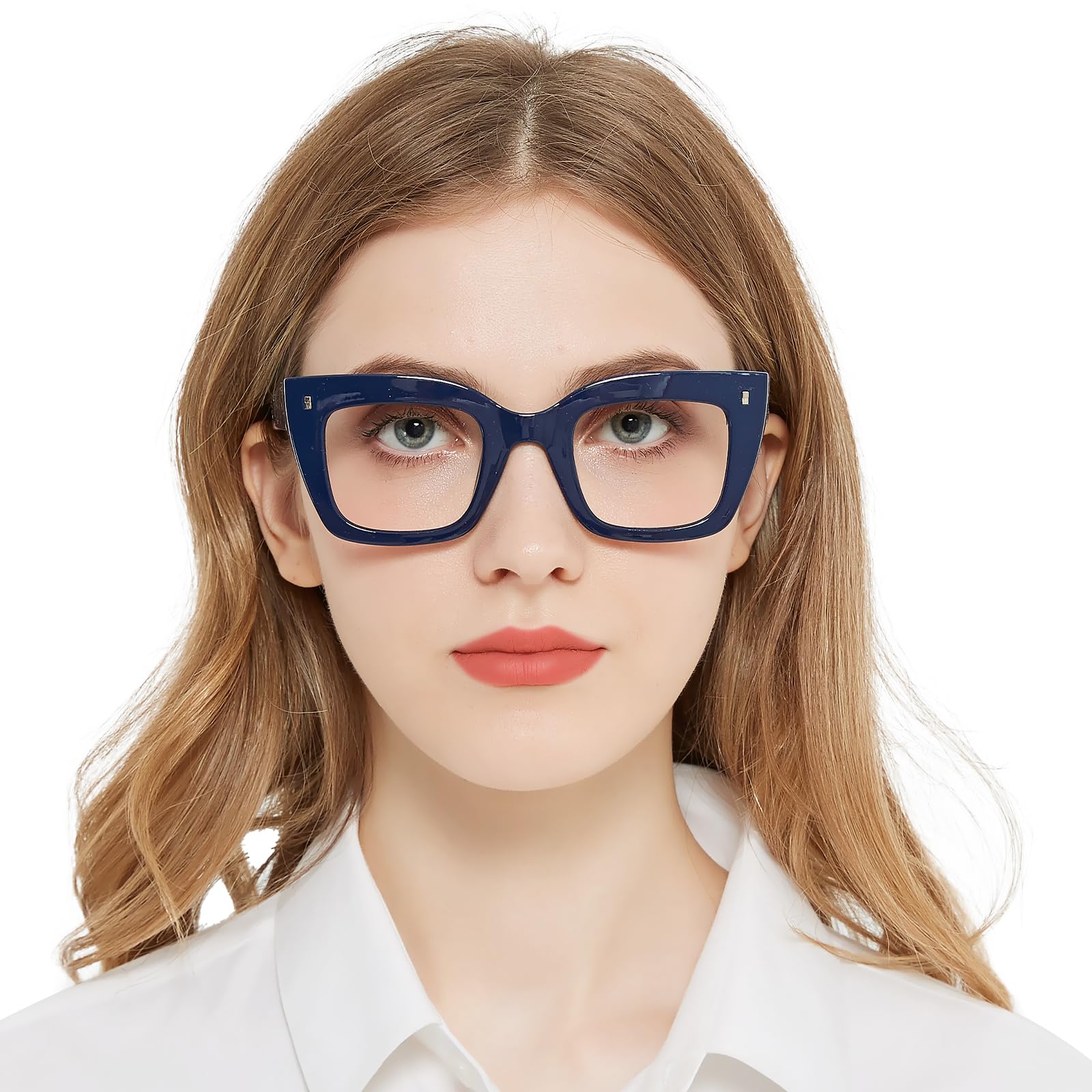 OCCI CHIARI Oversized Women's Reading Glasses 0.0, Thick Frame Blue Light Blocking Glasses for Women Spring Hinge (Blue)
