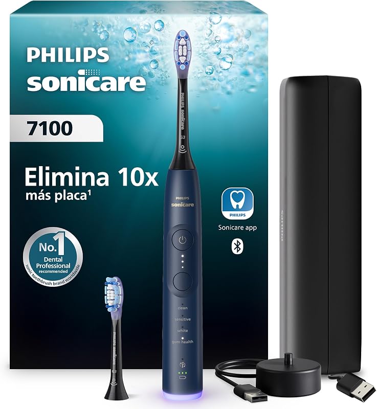 Sonicare 7100 cepillo dental eléctrico, sónico, 4 modos de cepillado, 3 niveles de intensidad, alerta de presión, EasyStart, SmarTimer, azul marino, HX7423/01 [Nueva Tecnología]