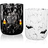 Qumenan 2 Pcs Halloween Icon Glass Cups 16 oz Old Fashioned Stemless Drinking Glasses Set Bat Glass Cups for Halloween Party Decoration Friends Lovely Gifts(Candy Corn & Bats)