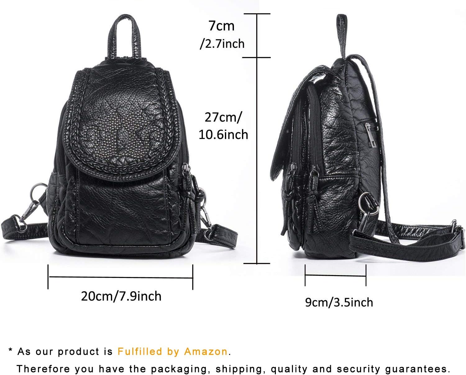 Hengwin Small Backpack for Women PU Leather Convertible Ladies Backpack Small Waterproof Backpack Handbag Travel Hiking Backpack with Multiple Pockets Spacious Compartments (Black) - Image 3