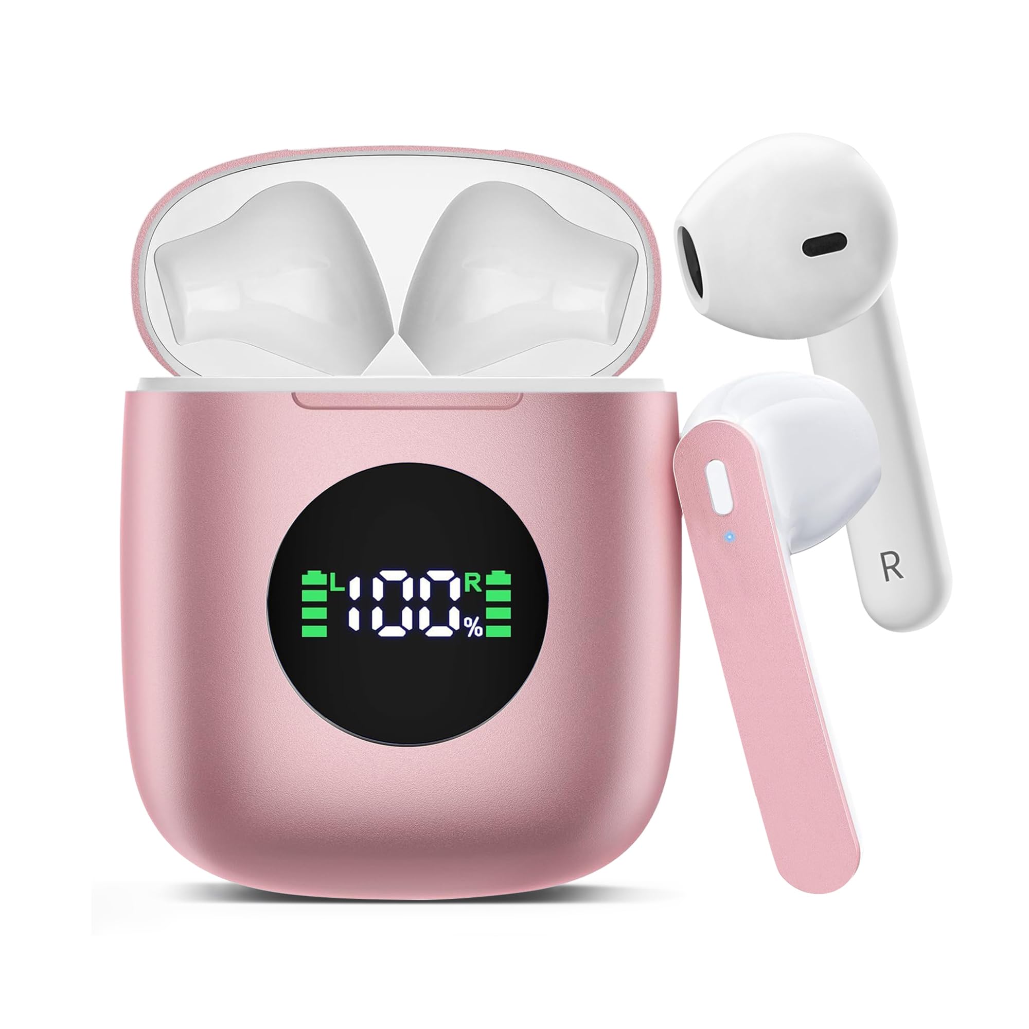 Photo 1 of Wireless Earbuds, Bluetooth Headphones Stereo Ear Buds with Noise Cancelling Mic, 50H Playback with LED Display Charging Case, IP7 Waterproof in-Ear Earphones for Phone Laptop Sports, Pink