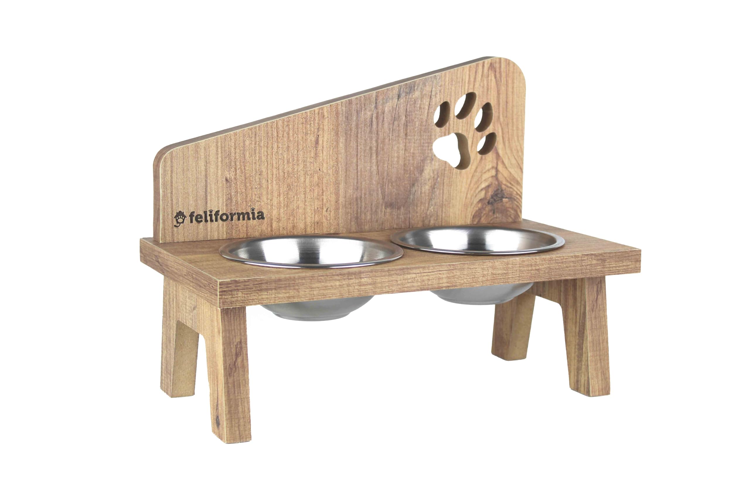Feliformia Cat Bowl 600 ml Wooden Stand with Two Raised Stainless Steel Bowls
