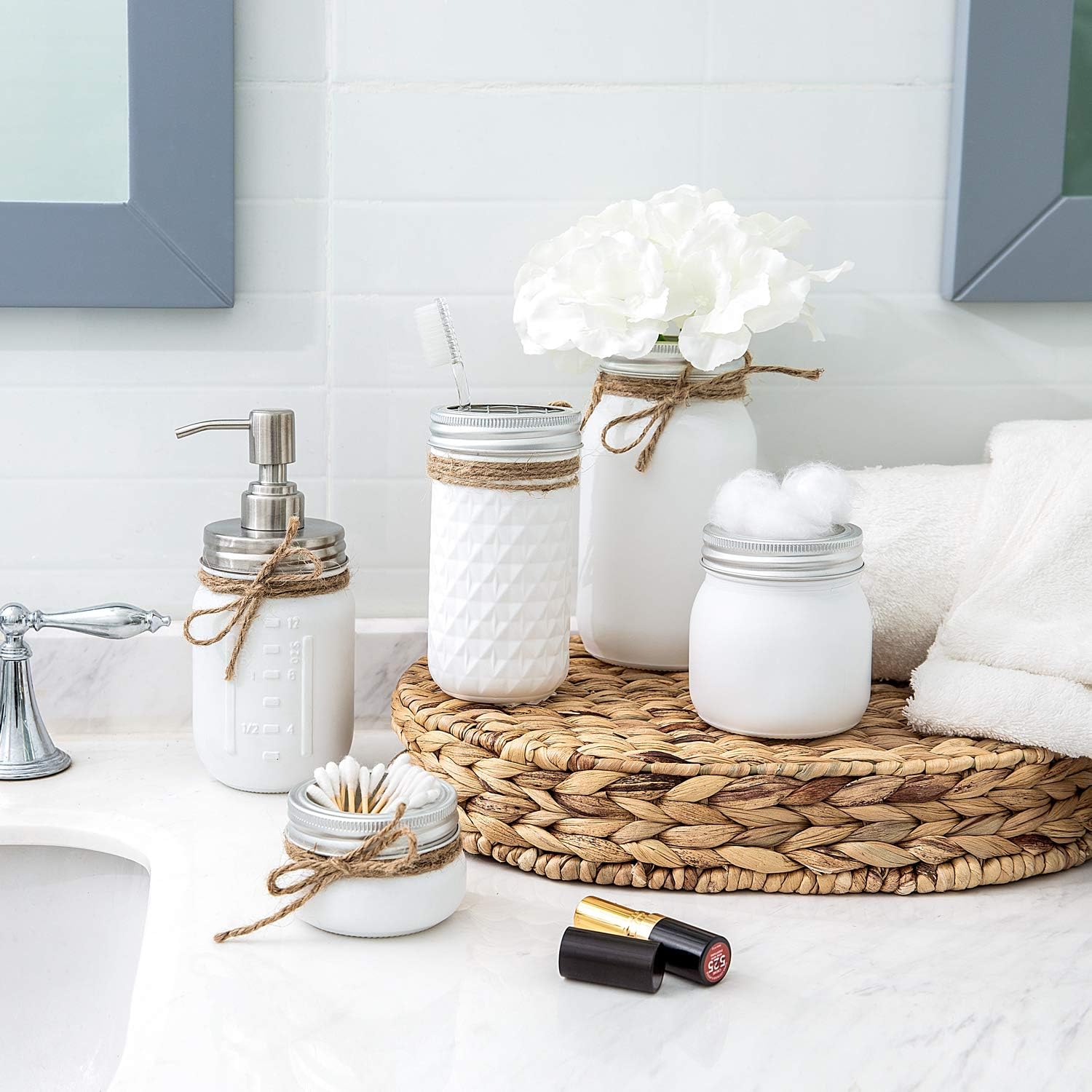 Mkono Mason Jar Bathroom Accessories Set Painted MasonJars Bathroom Organizer Include Liquid Soap Dispenser, Cotton Swab,Tissue,Toothbrush Holder,Rustic Country Countertop Fall Decor 5 Piece, White: Home & Kitchen
