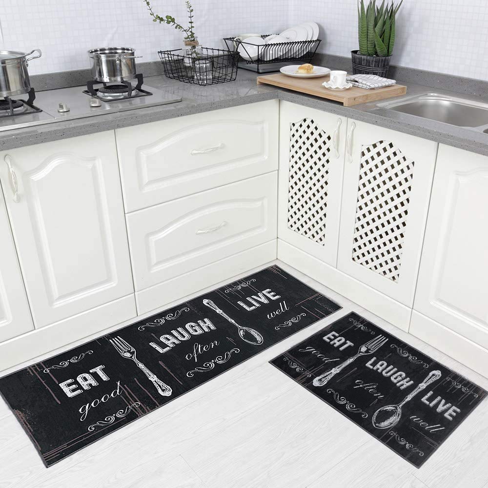 Carvapet 2 Piece Kitchen Rug Set Non-Slip Backing Mat Throw Rug for Kitchen Doormat Runner Rug Set, Motto Design, Black (17"x48"+17"x24")