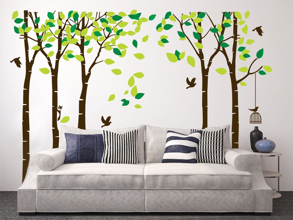CaseFan 5 Trees Wall Decal Forest Mural Paper for Bedroom Kid Baby Nursery Vinyl Removable Diy Sticker 103.9x70.9,Green+Brown
