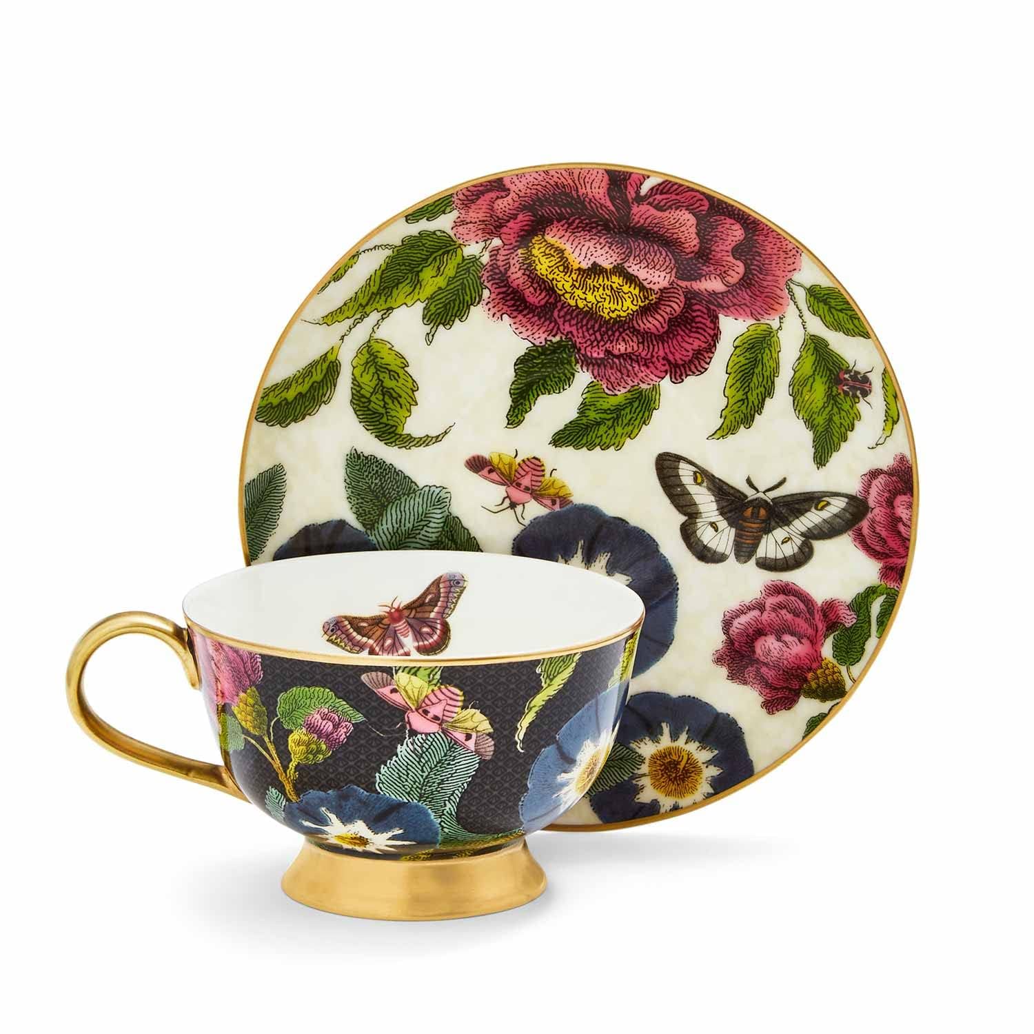 Spode x Creatures of Curiosity Dark Tea Cup and Saucer Set - Fine China Black & Cream Floral Design with 22-Carat Gold Detailing, Gift Boxed, Suitable for Elegant Dining or Display