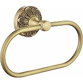 Lucyound Antique Gold Towel Ring, Oval Hand Towel Holder Wall Mount, Vintage Decorative Bathroom Accessories, Brass Petal-Rel
