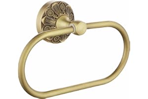 Lucyound Antique Gold Towel Ring, Oval Hand Towel Holder Wall Mount, Vintage Decorative Bathroom Accessories, Brass Petal-Rel