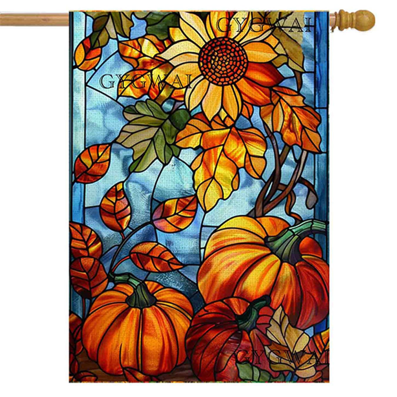 Photo 1 of Fall Pumpkin House Flag for Outside 28x40 Inch Double Sided, Autumn Yard Flag Stained Glass Thanksgiving Garden Flag for Outside Farmhouse Holiday Decorations