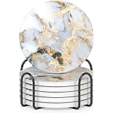 Nipichsha Coasters for Drinks, Set of 6 Cute Absorbent Ceramic Drink Coasters for Cup with Holder and Cork Base, Kitchen Home Decor Housewarming Gift, Round 4 in, White Gray Gold
