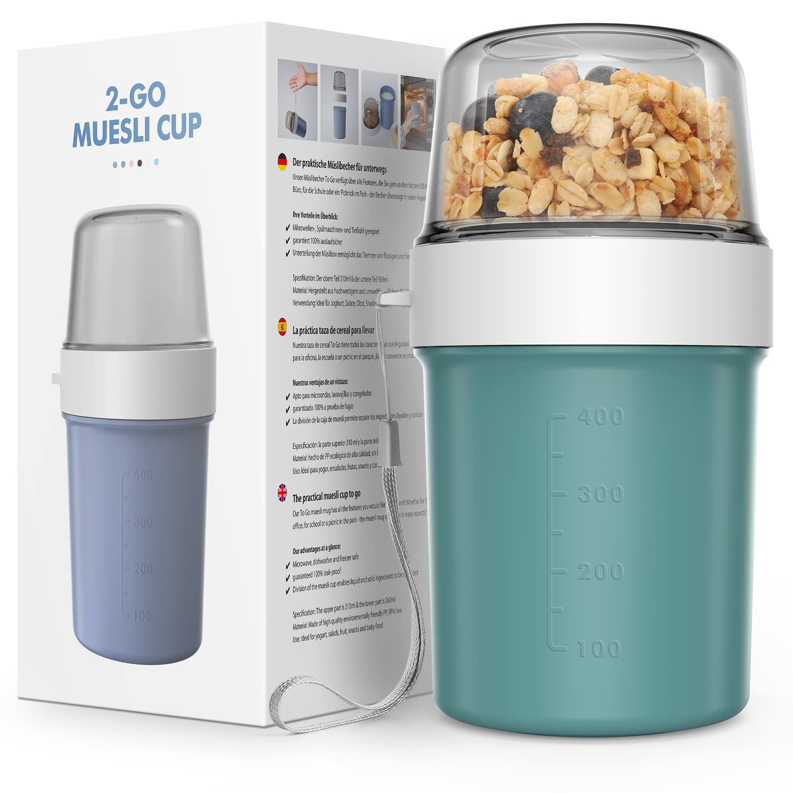 Jim's Store Breakfast Cereal Cup 2 in 1 To-go Yogurt Pot Leakproof Overnight Oats Jar Breakfast Storage Container BPA Free for School Office Travel Picnic - 560ml+310ml (Blue Green)