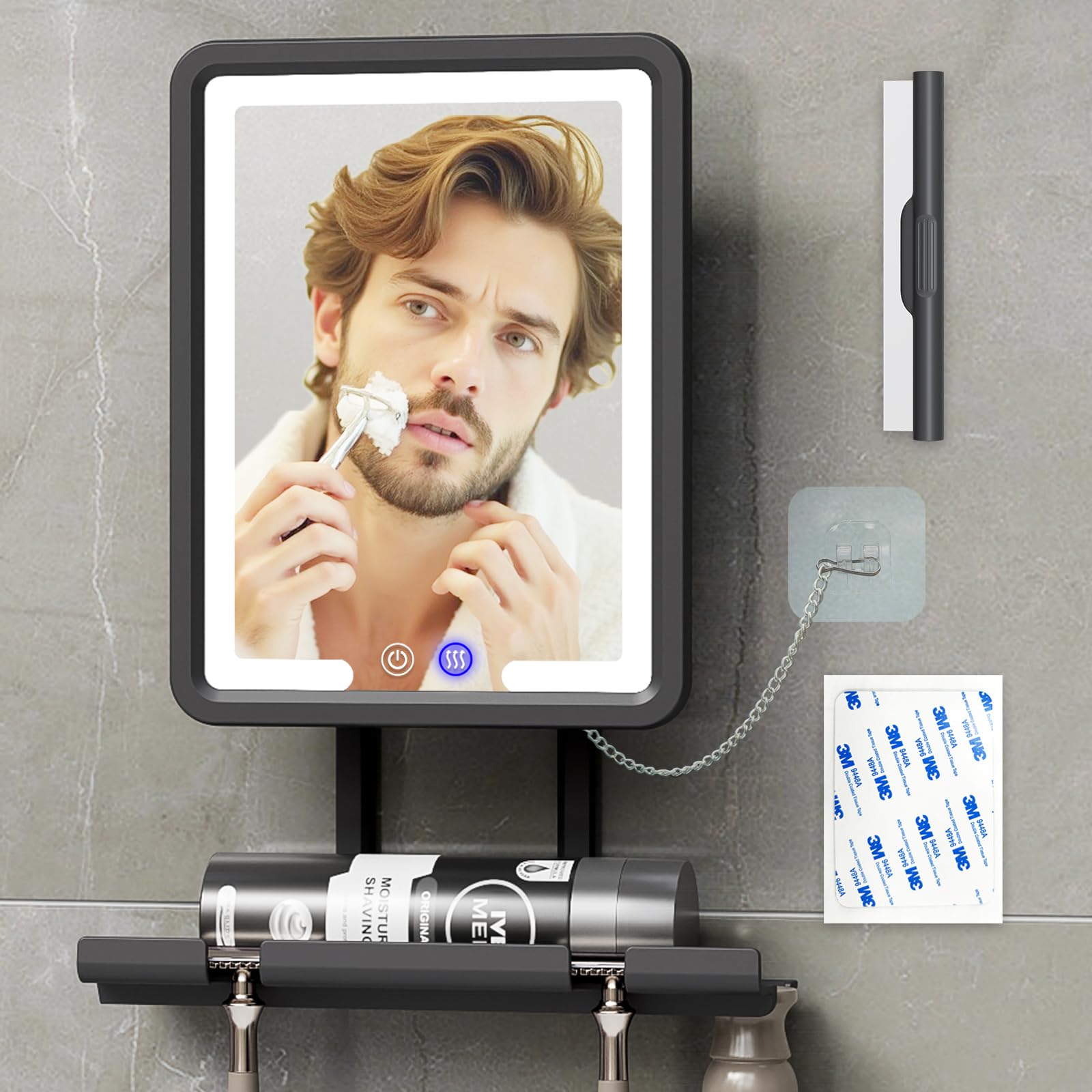 Lighted Anti-Fog Shower Mirror for Shaving - 3 Color Modes Dimming Fogless with Light, 360°Rotation, Rechargeable Shower Mirror with Storage Tray & Razor Holders & Shaving Brush Holders (Grey)