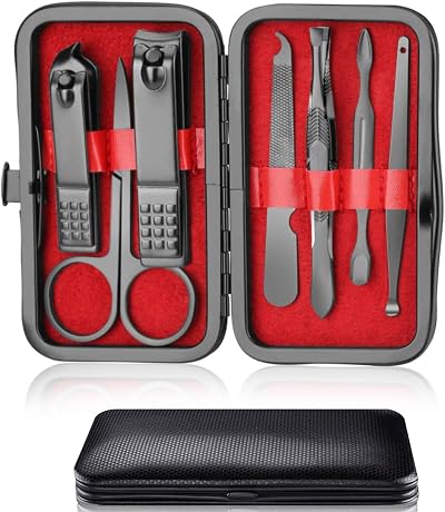 Acehome 7 in 1 Nail Clipper Manicure Set Red Leather Case Stainless Steel