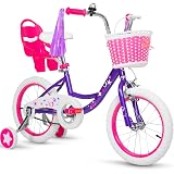 WEIZE Girls Bike for 3-5 Years Old Kids, 14 Inch Kids Bike with Training Wheels, Streamers, Basket and Doll Seat, Children Bicycles with Coaster Brake, Multiple Colors