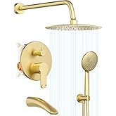 Gabrylly Shower System with Tub Spout, Bathtub Shower Faucet Set with 10" Rain Shower head and 5-Setting Handheld Shower, Wall Mounted Shower Fixtures with Pressure Balance Shower Valve, Brushed Gold