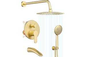 Gabrylly Shower System with Tub Spout, Bathtub Shower Faucet Set with 10" Rain Shower head and 5-Setting Handheld Shower, Wall Mounted Shower Fixtures with Pressure Balance Shower Valve, Brushed Gold