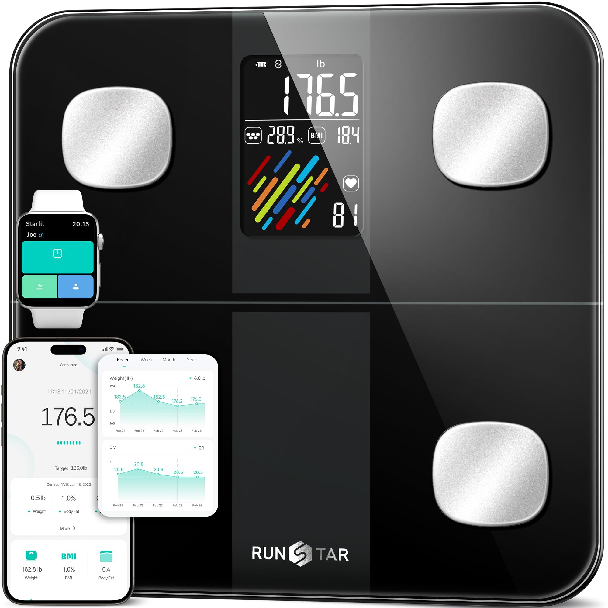 Photo 1 of Runstar Smart Scale for Body Weight and Fat Percentage, High Accuracy Digital Bathroom Scale with Large Display for BMI Heart Rate 15 Body Composition Analyzer Sync with Fitness App 400lb
