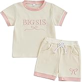 ZAXARRA Toddler Baby Girl Summer Clothes Short Sleeve Letter Embroidery Waffle Tops Bow Shorts Sets Sister Matching Outfits