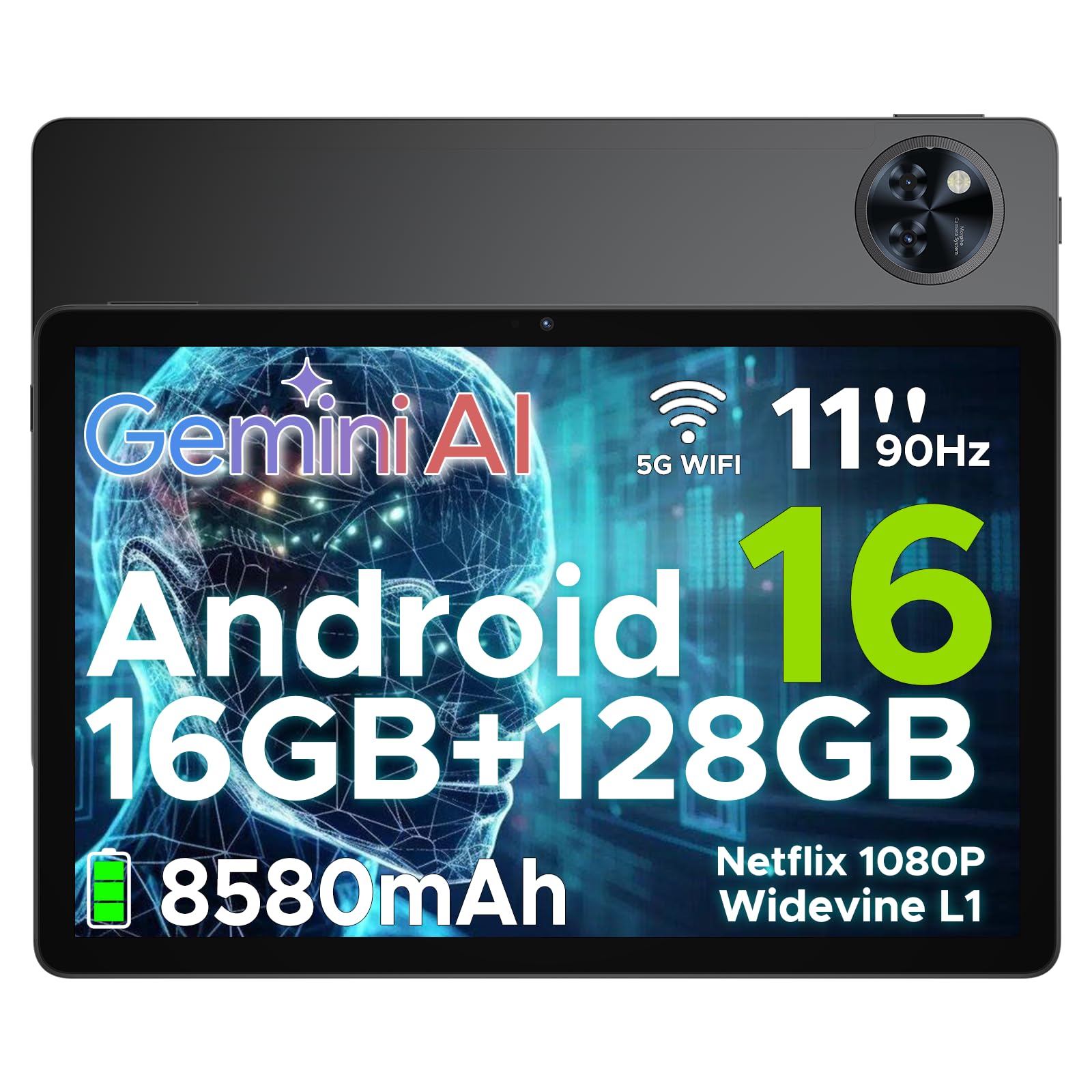 DOOGEE Newest Android 16 Tablets, U11 11 Inch Tablet with Gemini AI, 16GB+128GB/2TB, 8580mAh, Unisoc T7200, 5G WiFi Android Tablets | Widevine L1 | Bluetooth 5.0 | 13MP+5MP | GPS | OTG - Black