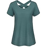 Kimmery Woman Short Sleeve Round Neck Criss Cross Back Yoga Shirt