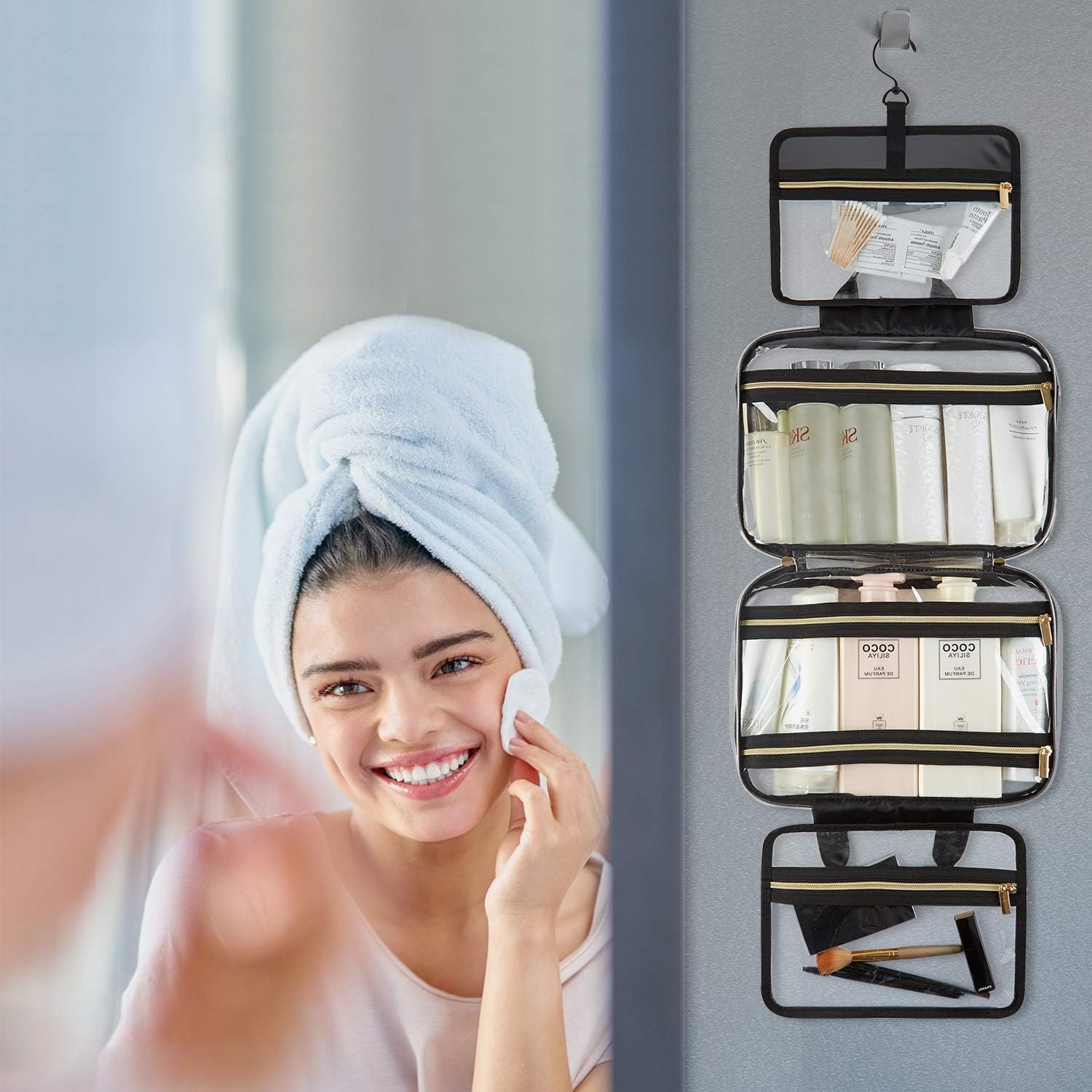 BAGSMART Toiletry Bag Travel Bag with Hanging Hook, Water-resistant Makeup Cosmetic Bag Travel Organizer for Accessories, Shampoo, Full Sized Container, Toiletries (Large-Transparent)