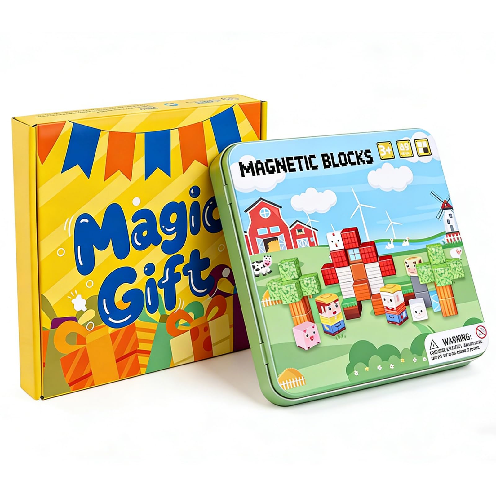 MEESHEEP Magnetic Blocks Travel Set, Farm-Themed with Tin - Travel-Friendly Airplane & Car Toys for Boys & Girls Ages 3+, Educational Building Set 49PCS, Birthday Gifts for Kids