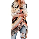 Women's Open Front Knited Tassels Slash Loose Cardigan Crew Neck Speckled Fringe Sweater Outwear