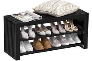 APRTAT 3-Tier Bamboo Shoe Rack Bench Long Shoe Storage Organizer Bench, Entryway Bench, Shoe Rack for Front Door Entrance, Entryway Bathroom Bedroom (Black, Long)