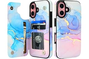 HAOPINSH for iPhone 16 Wallet Case with Card Holder, Pink Blue Marble Pattern Back Flip Folio PU Leather Kickstand Card Slots Case for Women Girls, Double Magnetic Clasp Shockproof Cover 6.1"