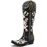 YIYA Women's Star Cowboy Boots Black and White Cowgirl Boots with White Stars Pointed Toe Chunky Low Heel Pull-On Wide Calf Western Embroidered Boots