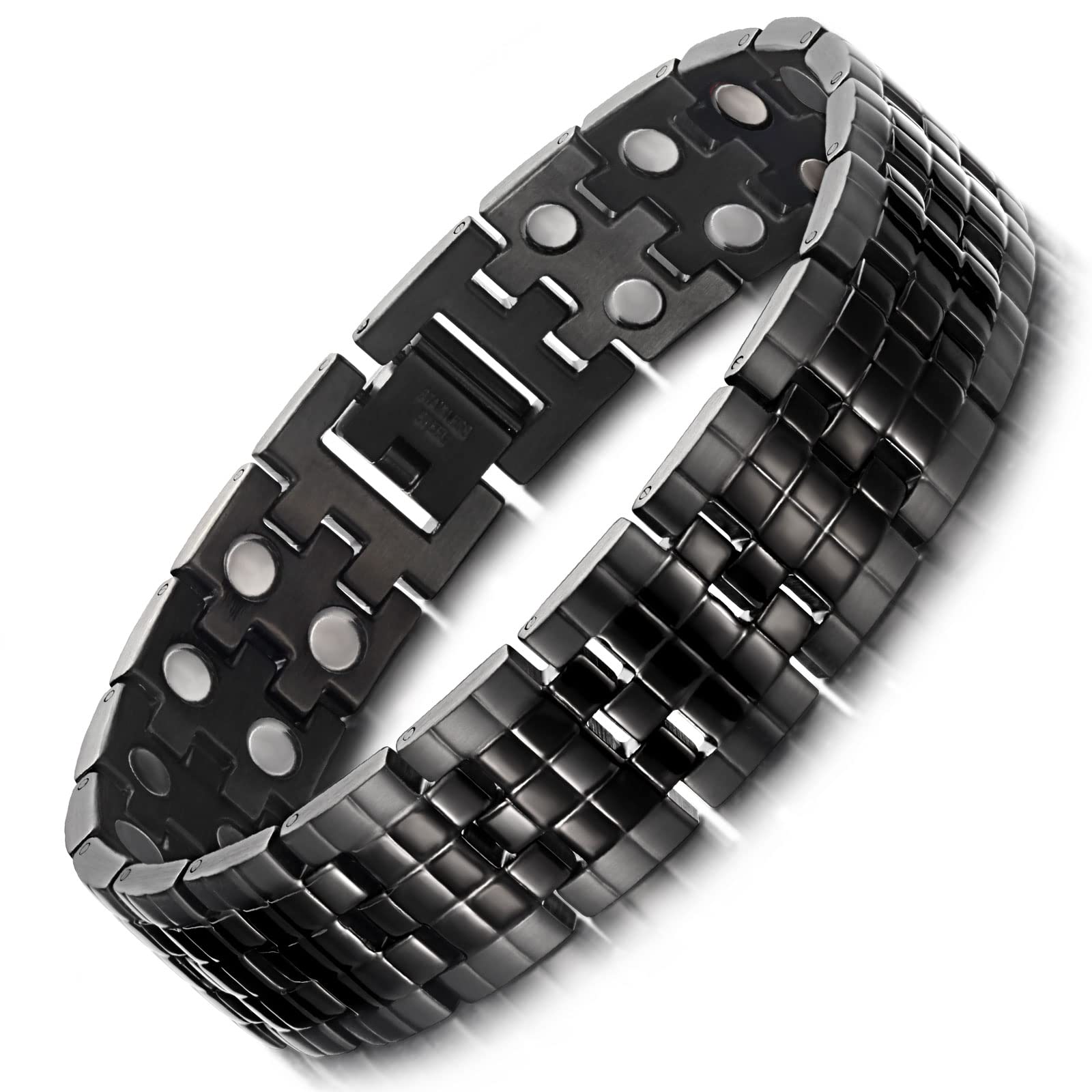 RainSo Men's Stainless Steel Magnetic Bracelet - Carbon Black Stripe Design Adjustable Cuff | Professional Removal Kit & Luxury Gift Box (Hypoallergenic)